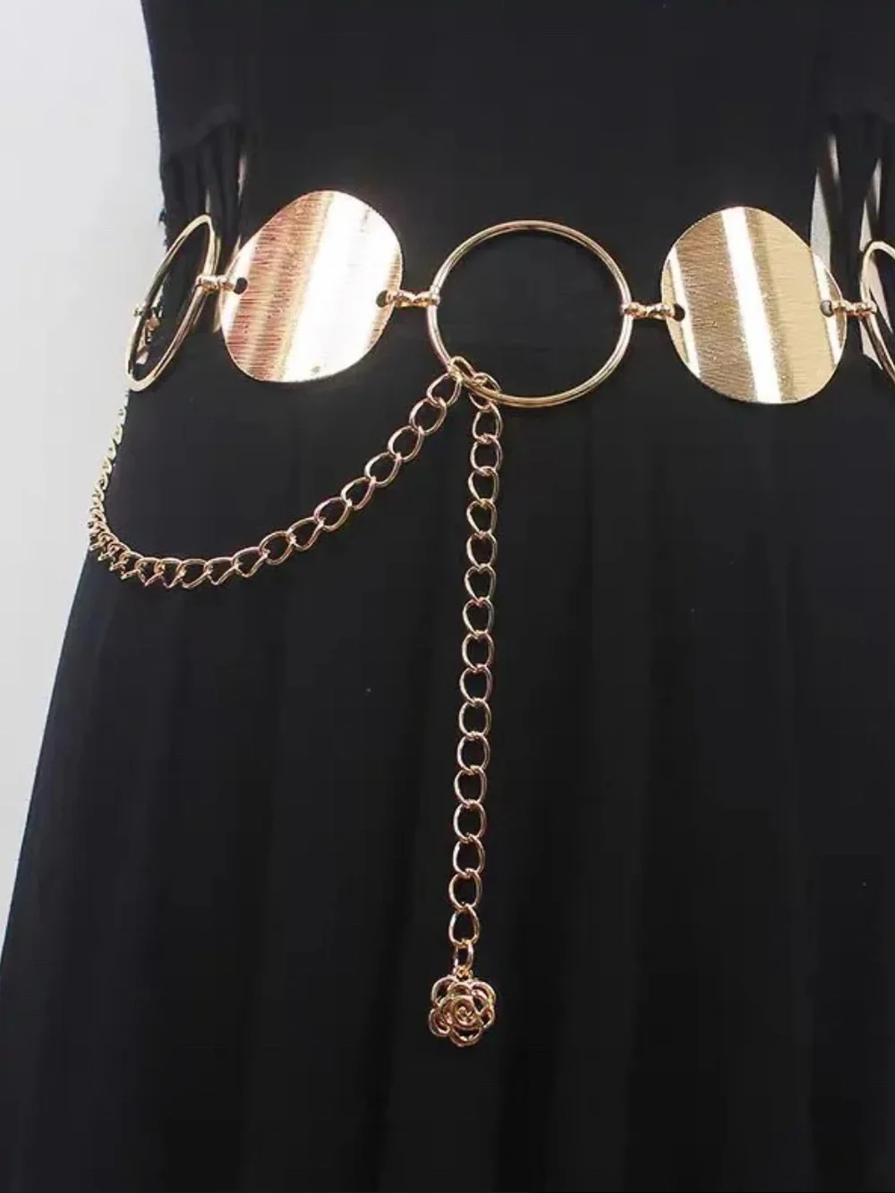 Metal Chain Belt Adjustable Alloy Round Ring Flower Heart Waist Belt For Dress
